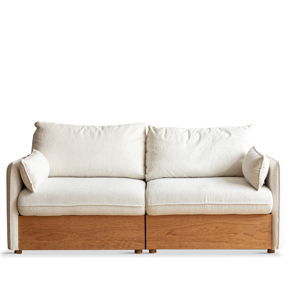 Japandi boucle fabric pine wood storage 2 seater sofa kangaroo in white background.