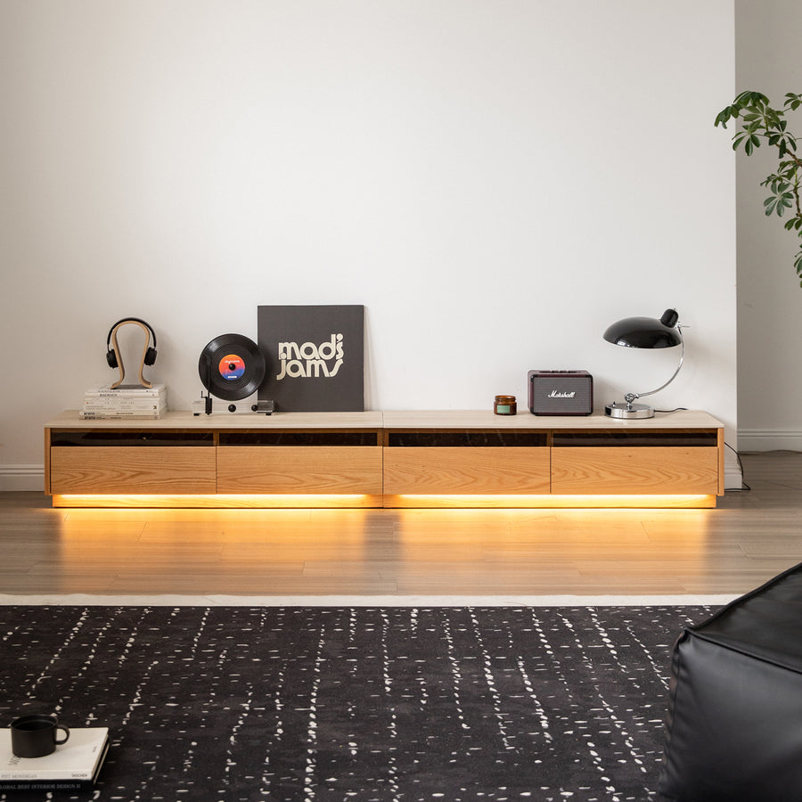 Scandinavian oak wood tv console floating light primary product view.