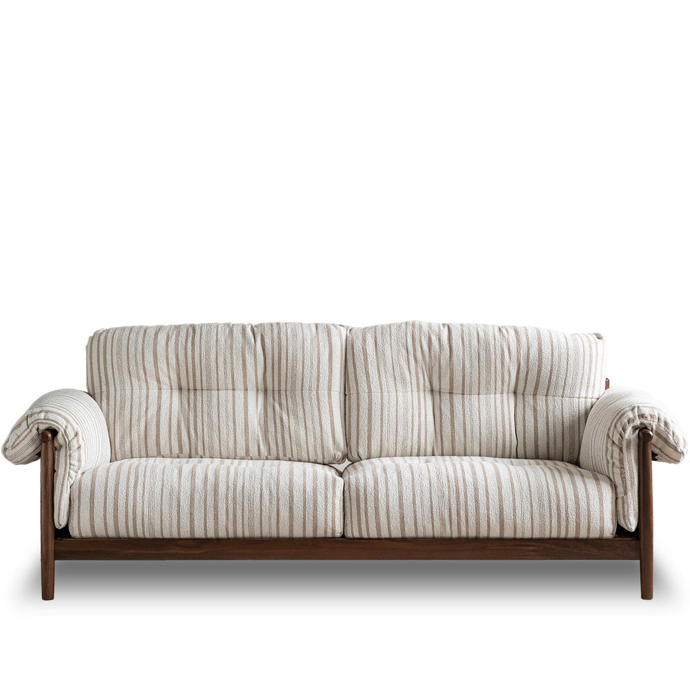 Scandinavian chenille velvet fabric walnut wood 3 seater sofa sofa open backed in white background.
