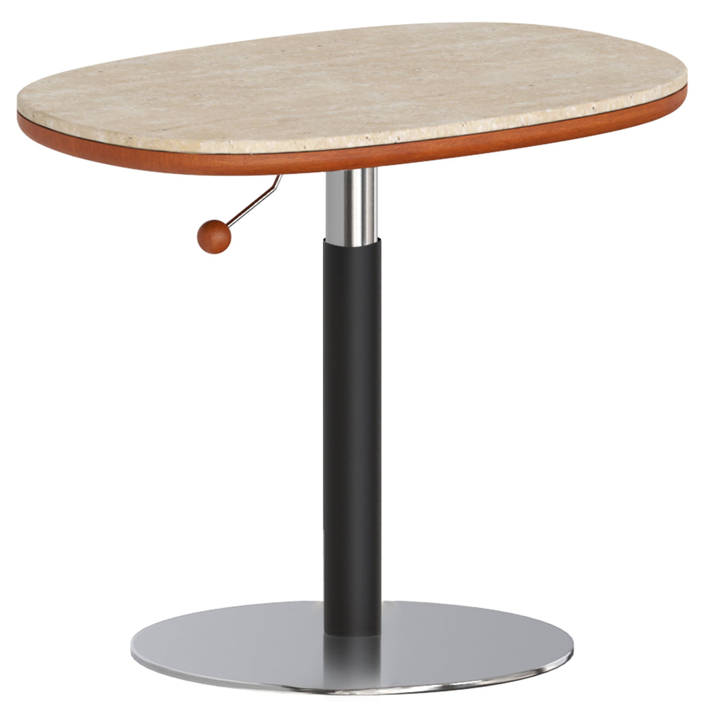 Round table with a wooden top and metal legs on a white background