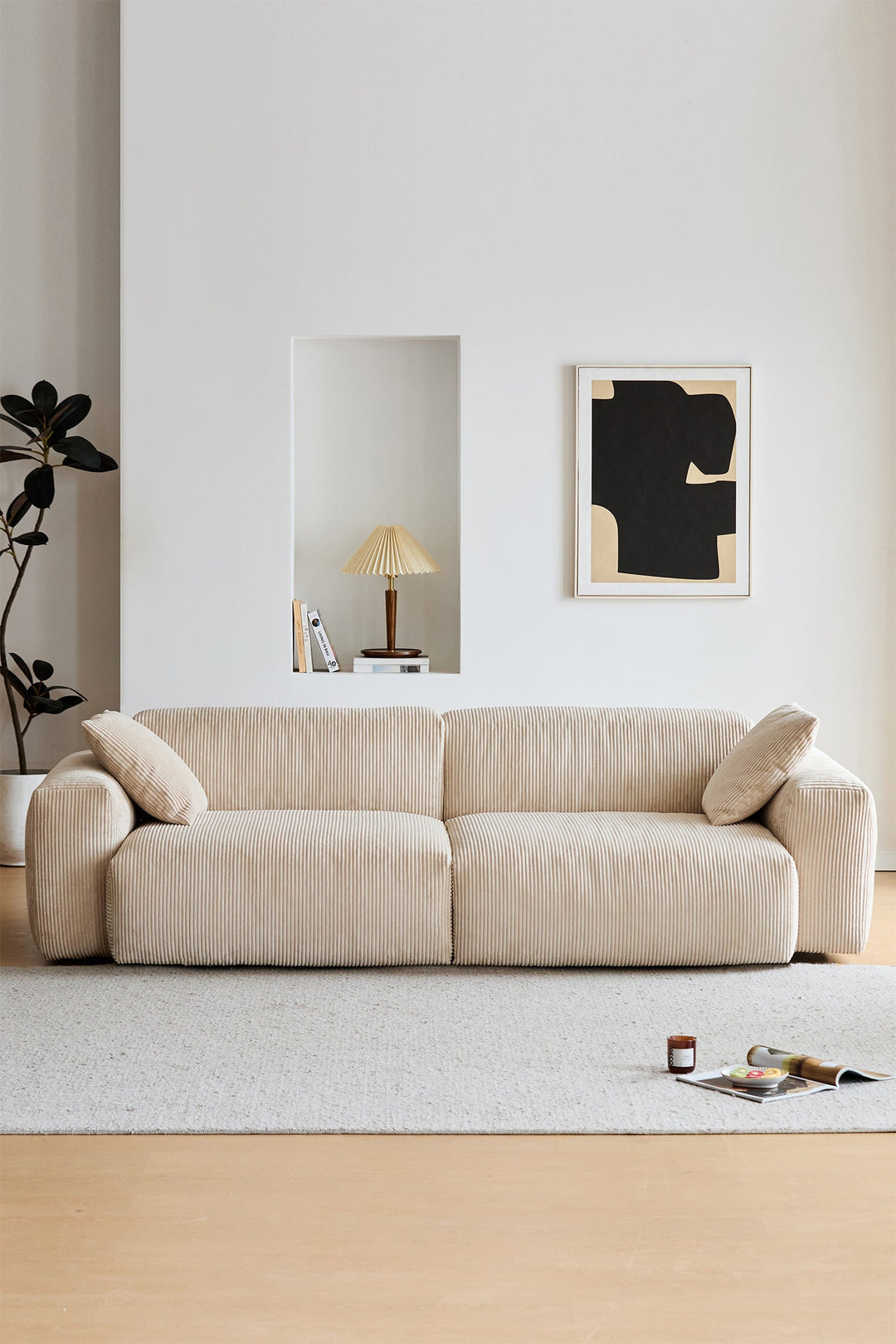 Scandinavian 3-seater corduroy sofa in beige, styled for a modern living room with clean soft textures.