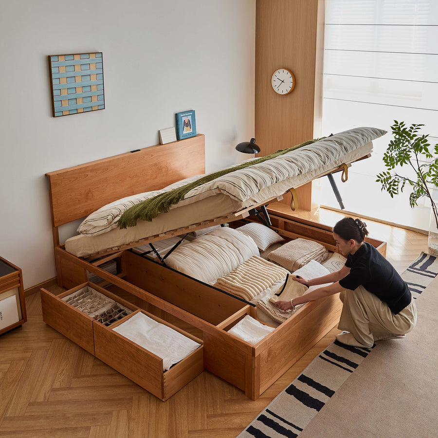 Scandinavian cherry wood lift-up storage bed with drawer kangaroo primary product view.