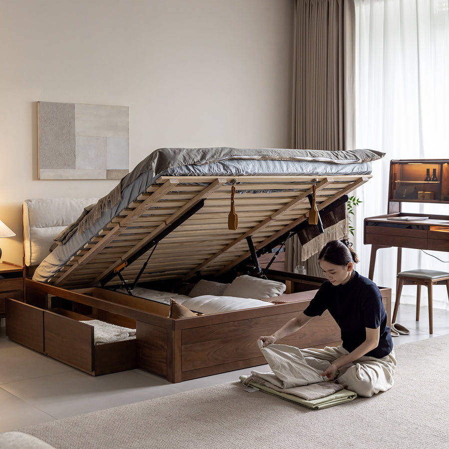 Vintage walnut wood cushion lift-up storage bed with drawer kangaroo in panoramic view.