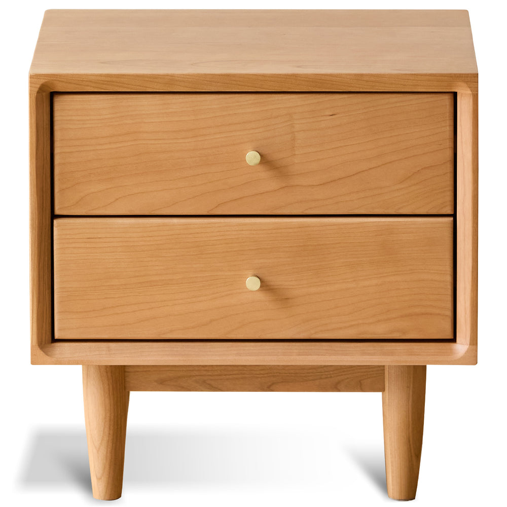 Scandinavian cherry wood side table green in white background.