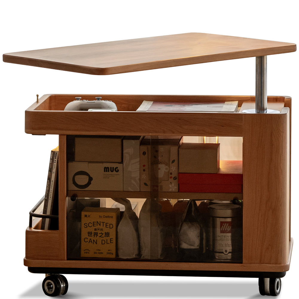 Scandinavian cherry wood wheeled trolley side table drift in white background.