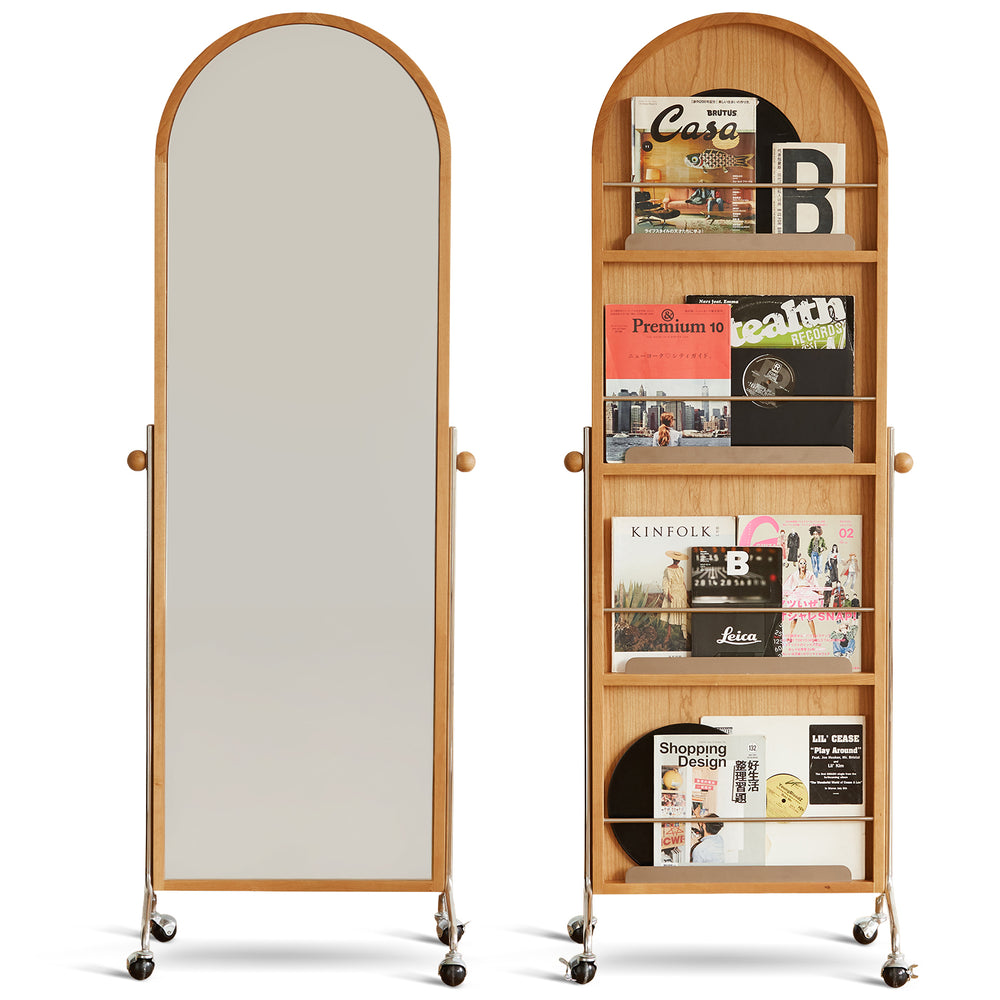 Scandinavian cherry wood wheeled mirror aura in white background.