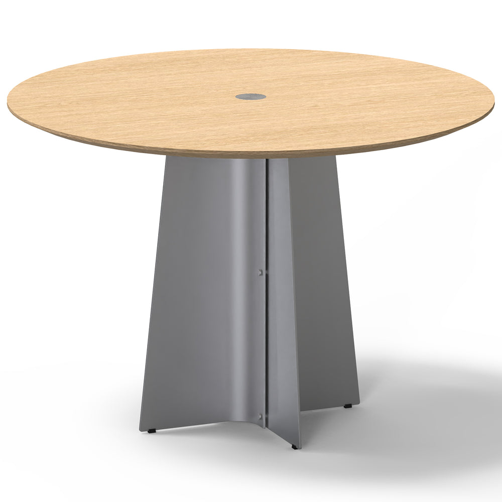 Minimalist ash wood veneer stainless steel round dining table aeri in white background.