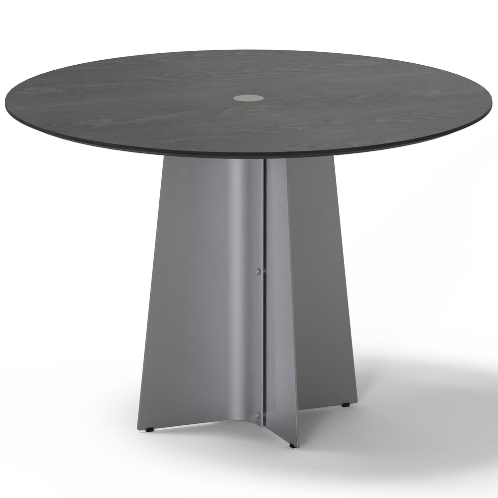 Minimalist ash wood veneer stainless steel round dining table black aeri in white background.