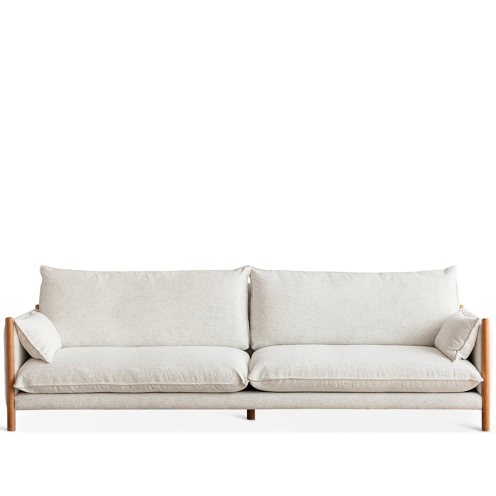 Scandinavian chenille velvet cherry wood 4 seater sofa sea salt in white background.