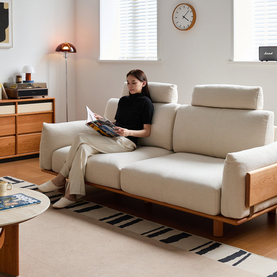 Scandinavian mixed weave fabric 4 seater sofa bessen in close up details.