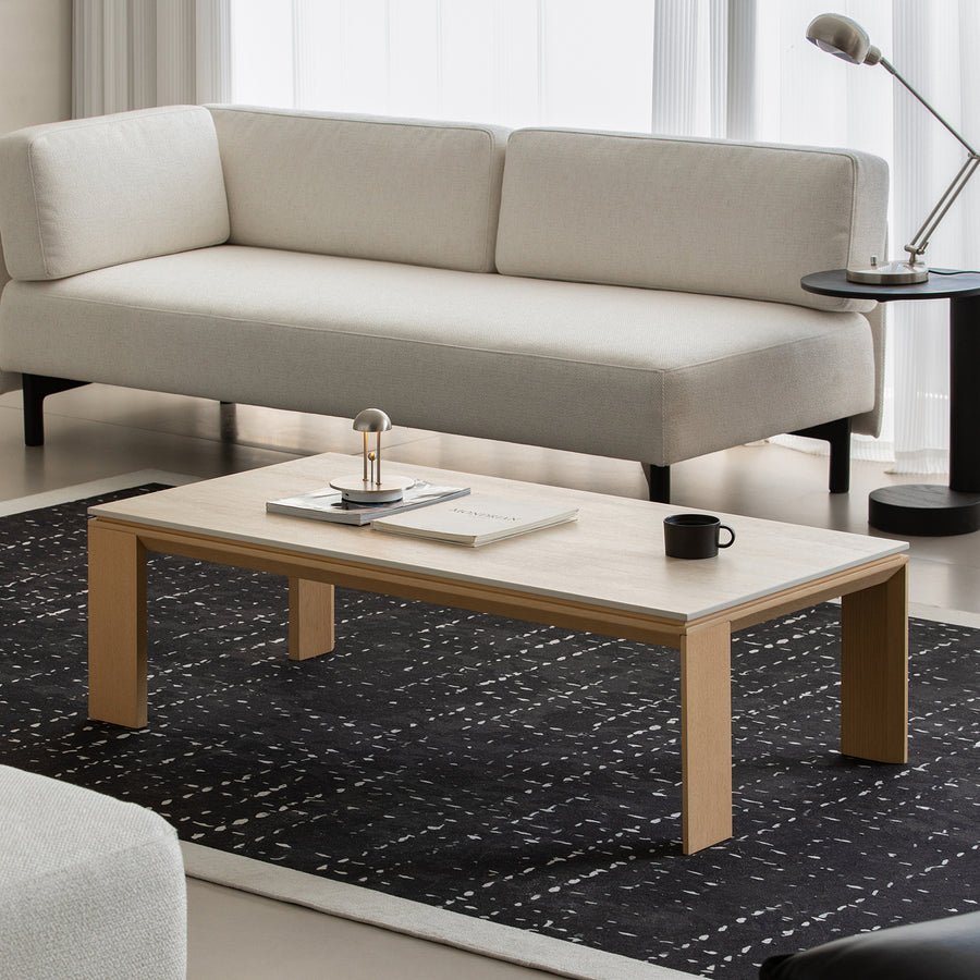 Minimalist ash wood veneer sintered stone coffee table string primary product view.