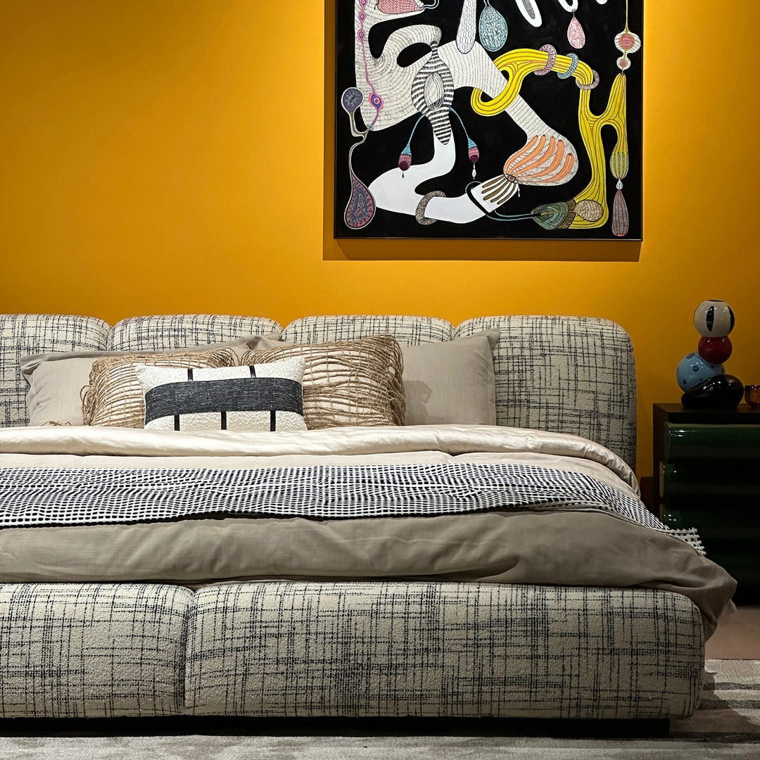 Loft Home Asia queen-size bed frame in plaid fabric, from Asia Queen Bed Frames collection, combining comfort and style for a modern bedroom.