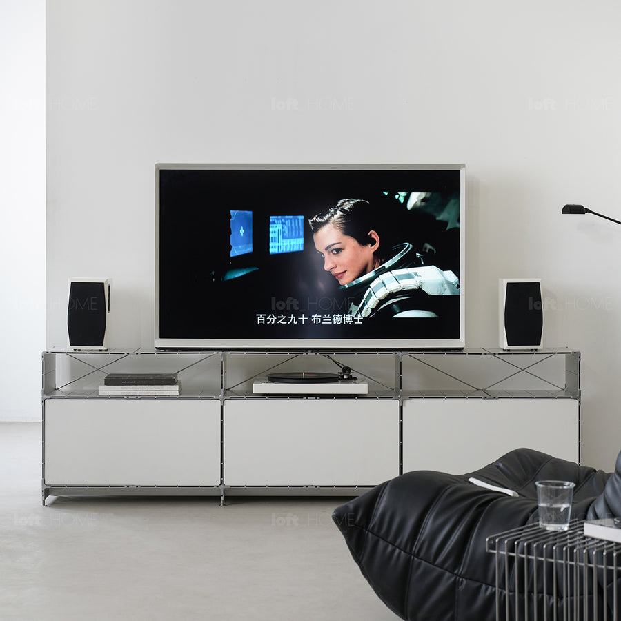 Industrial aluminium tv console cube primary product view.