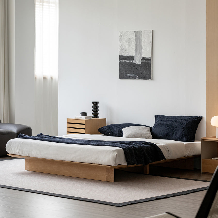 Minimalist ash wood veneer platform floating bed winter primary product view.