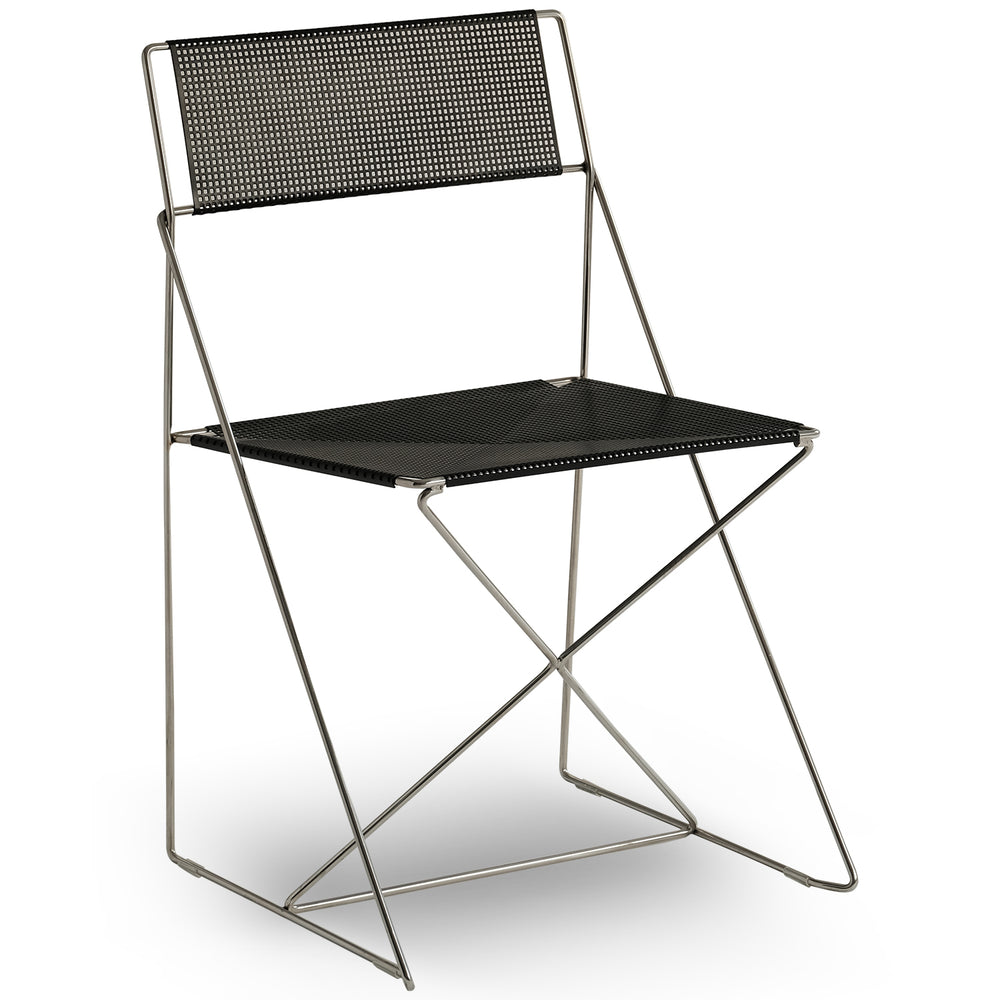 Minimalist steel dining chair x-line in white background.