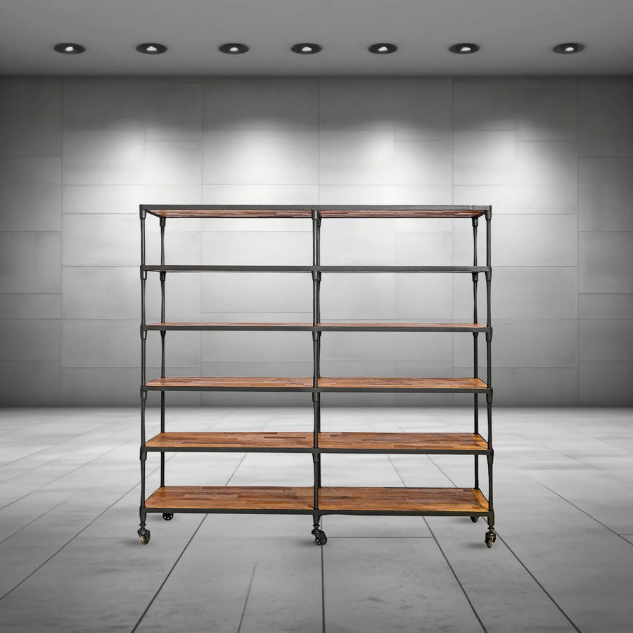 Rustic elm wood display shelf robust primary product view.