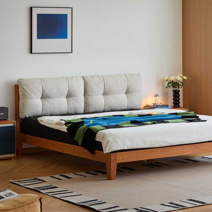 Scandinavian cherry wood cotton fabric bed serene primary product view.