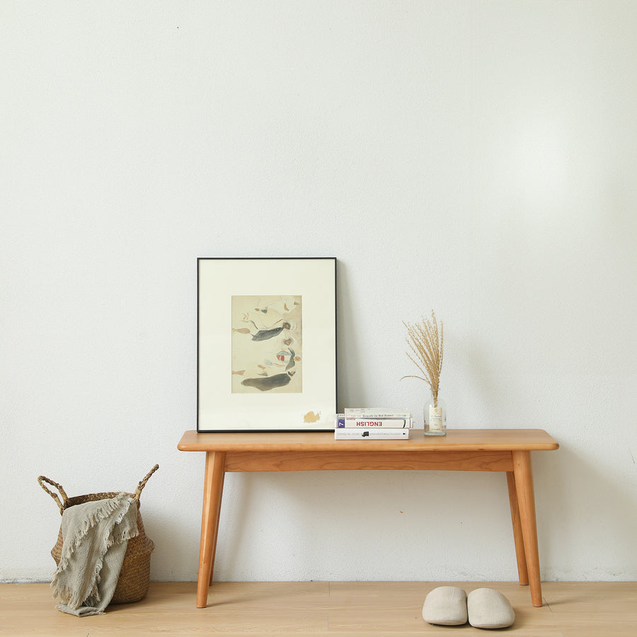 Scandinavian cherry wood dining bench green primary product view.