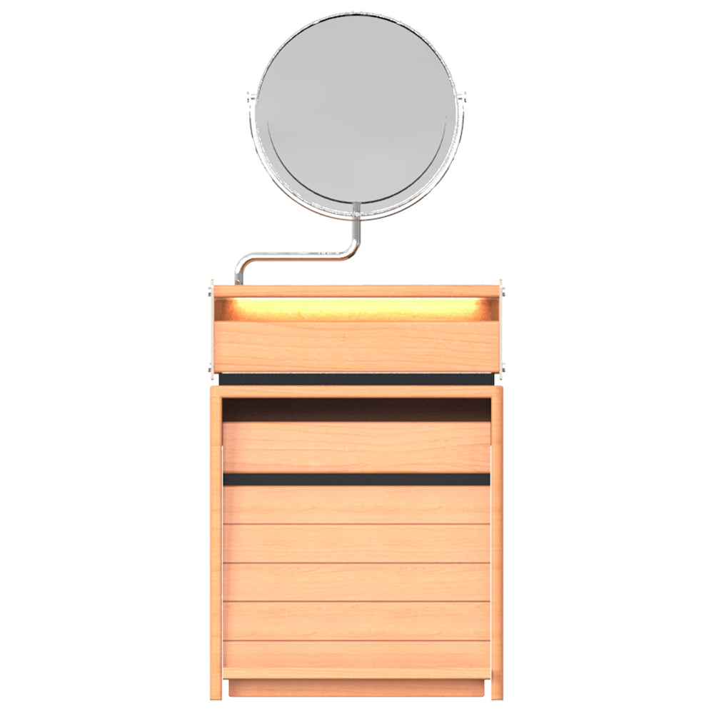 Scandinavian cherry wood dressing table mirror lake in white background.