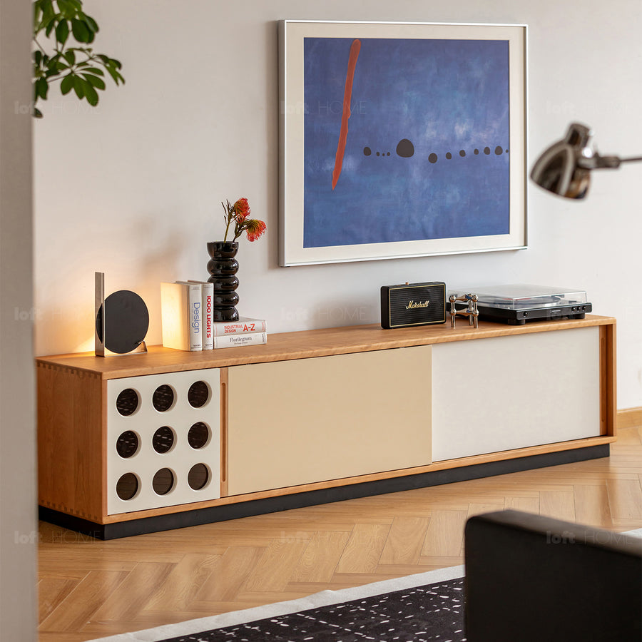 Scandinavian cherry wood sliding door tv console timeless primary product view.