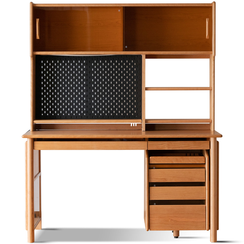 Scandinavian cherry wood study table with shelf cape in white background.