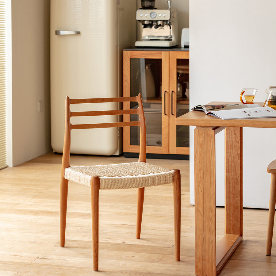 Scandinavian cherry wood woven rope dining chair autumn primary product view.