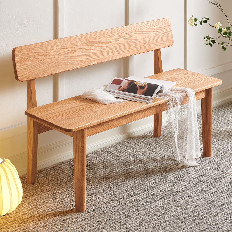 Scandinavian oak wood dining bench with backrest restly primary product view.