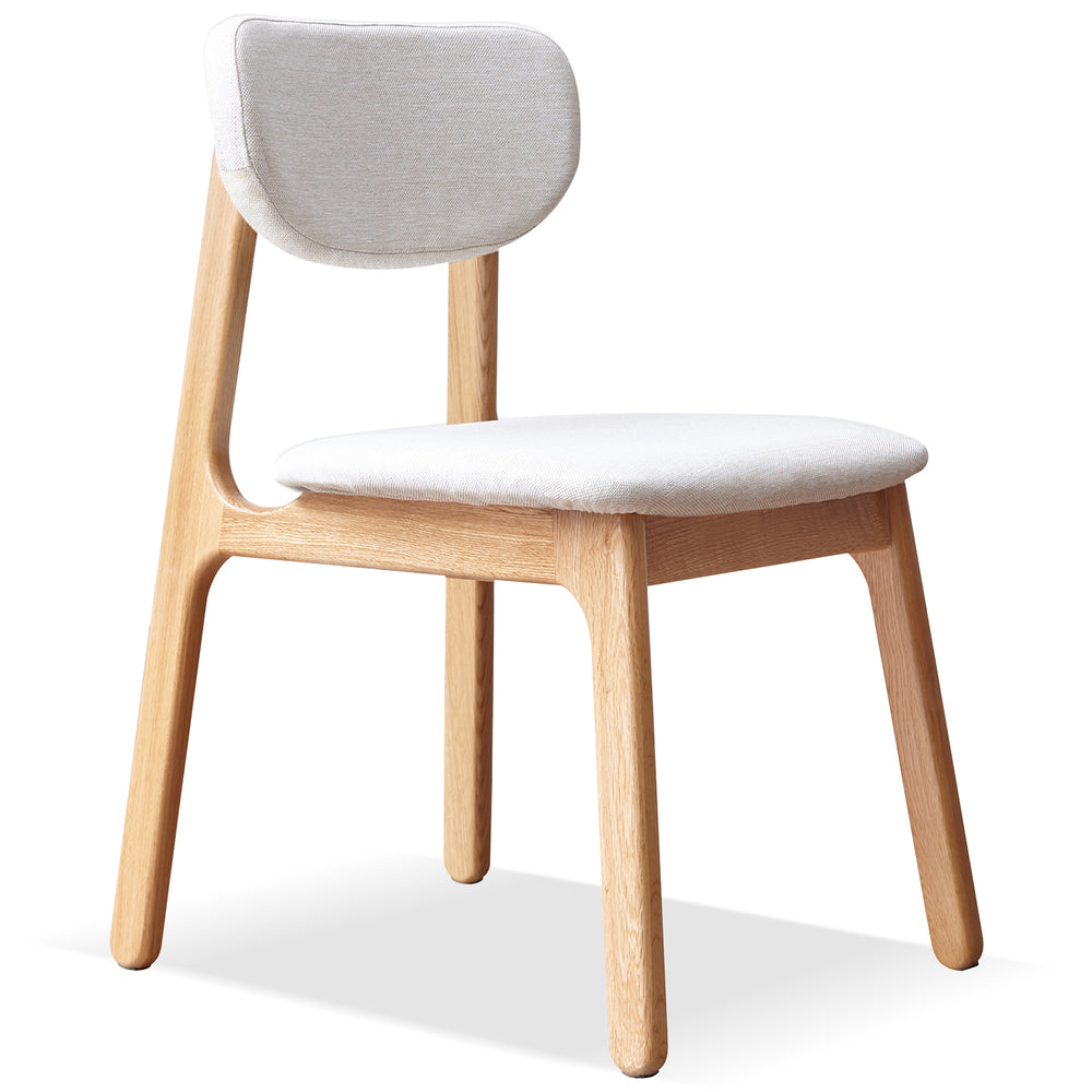 Scandinavian oak wood mixed weave fabric cover removable dining chair nest in white background.