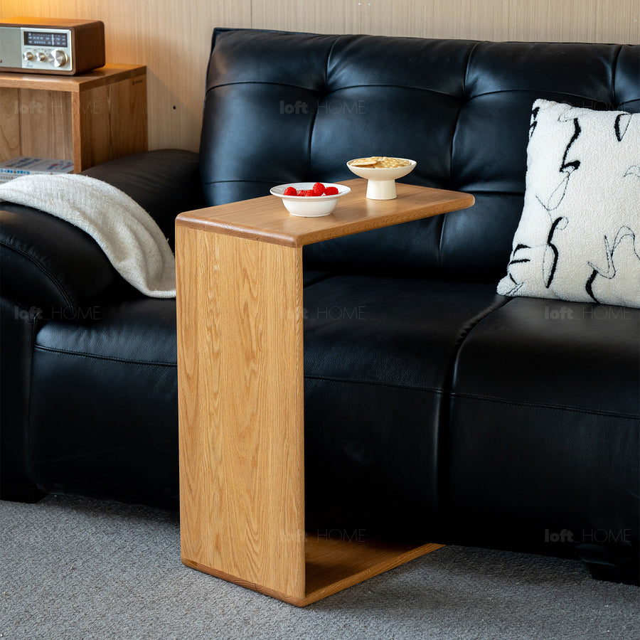 Scandinavian oak wood multi functional side table cshape primary product view.