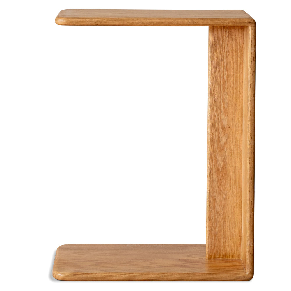 Scandinavian oak wood multi functional side table cshape in white background.