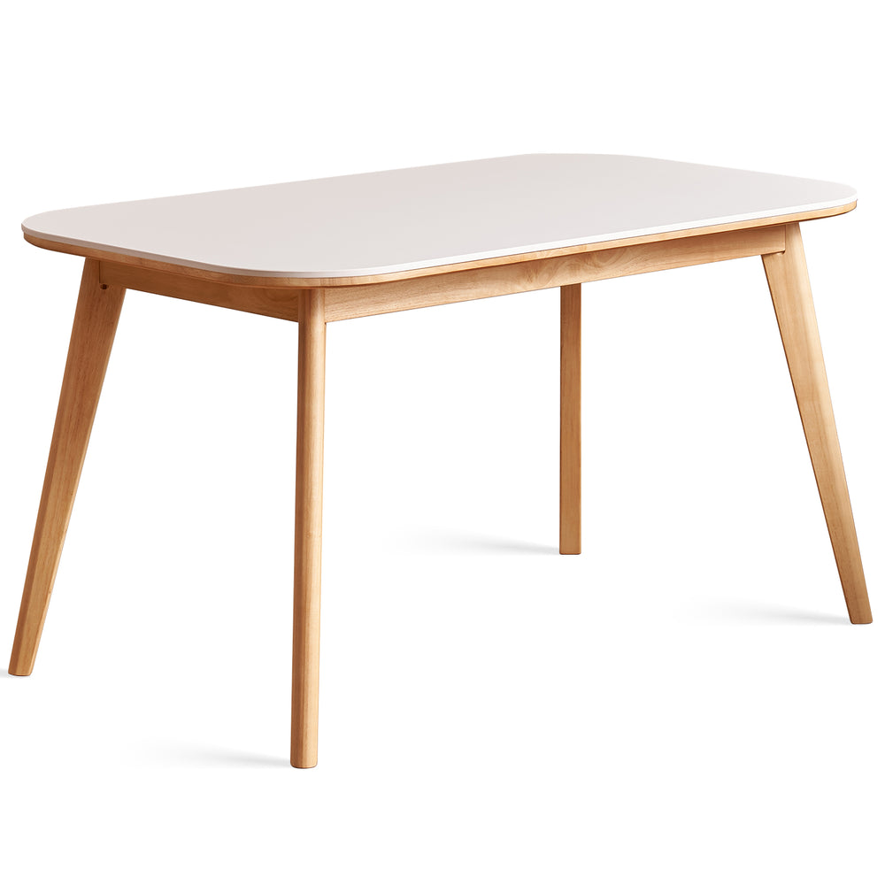 Scandinavian rubber wood sintered stone dining table terra in white background.