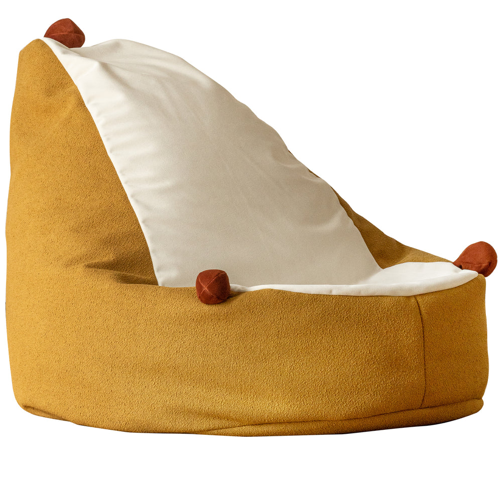 Yellow bean bag chair with white cushion and red accents on a white background
