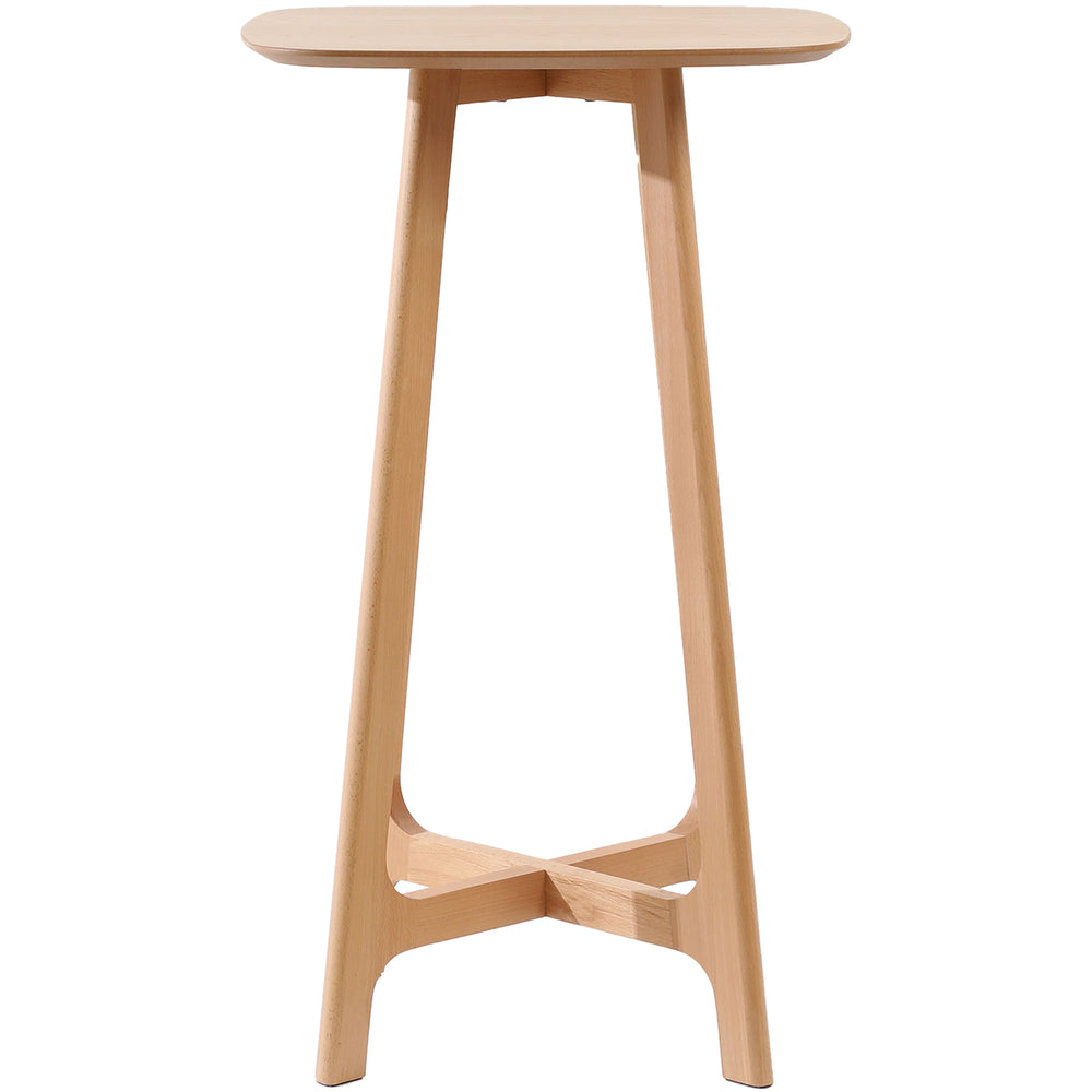 Scandinavian oak wood veneer round bar table orbit in white background.