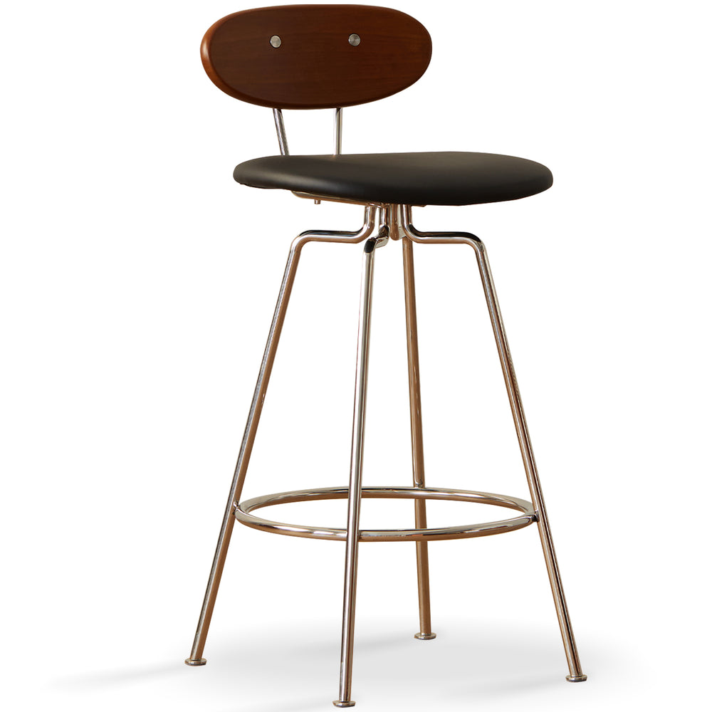 Bar stool with wooden seat and backrest on a white background