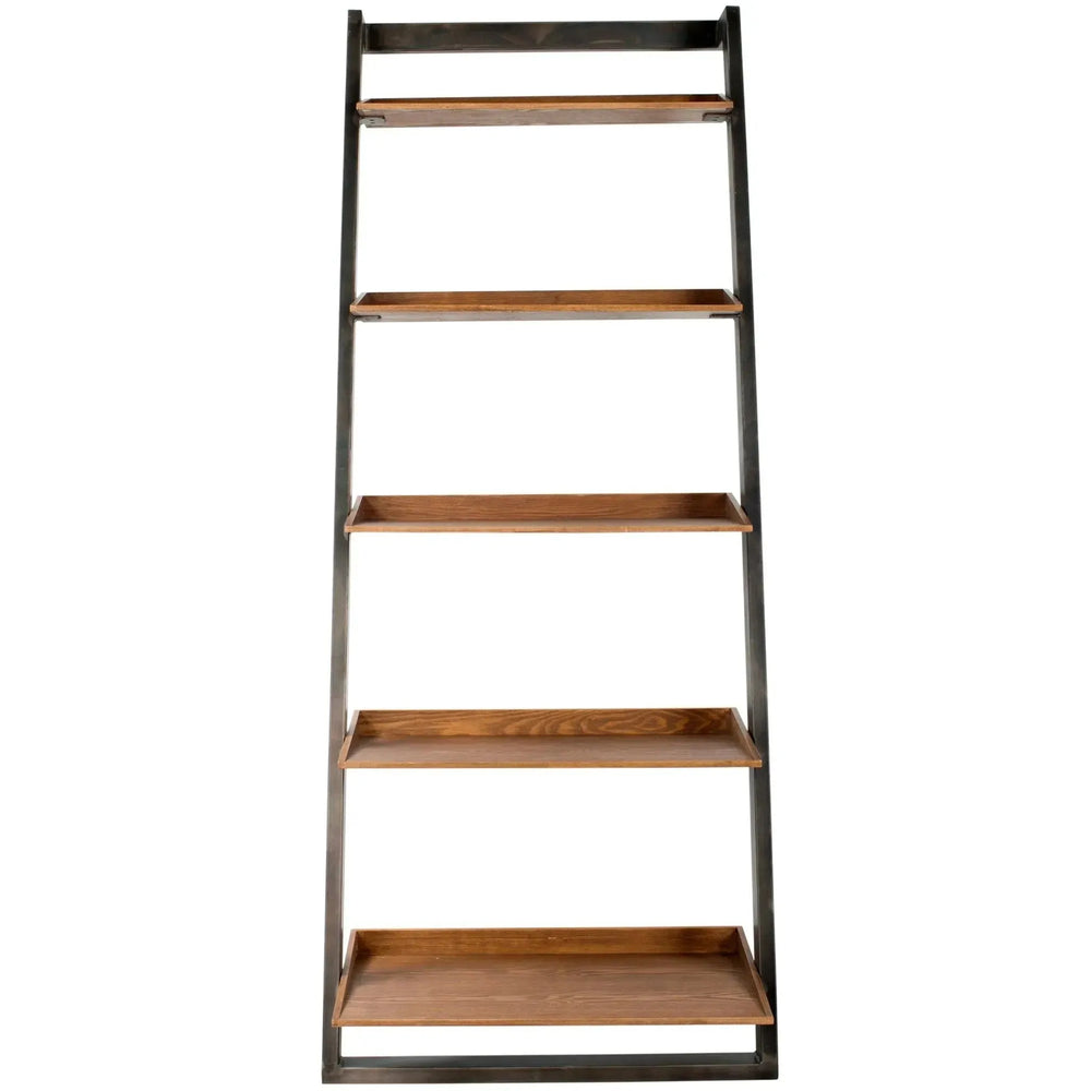 Industrial wooden display shelf greyash in white background.