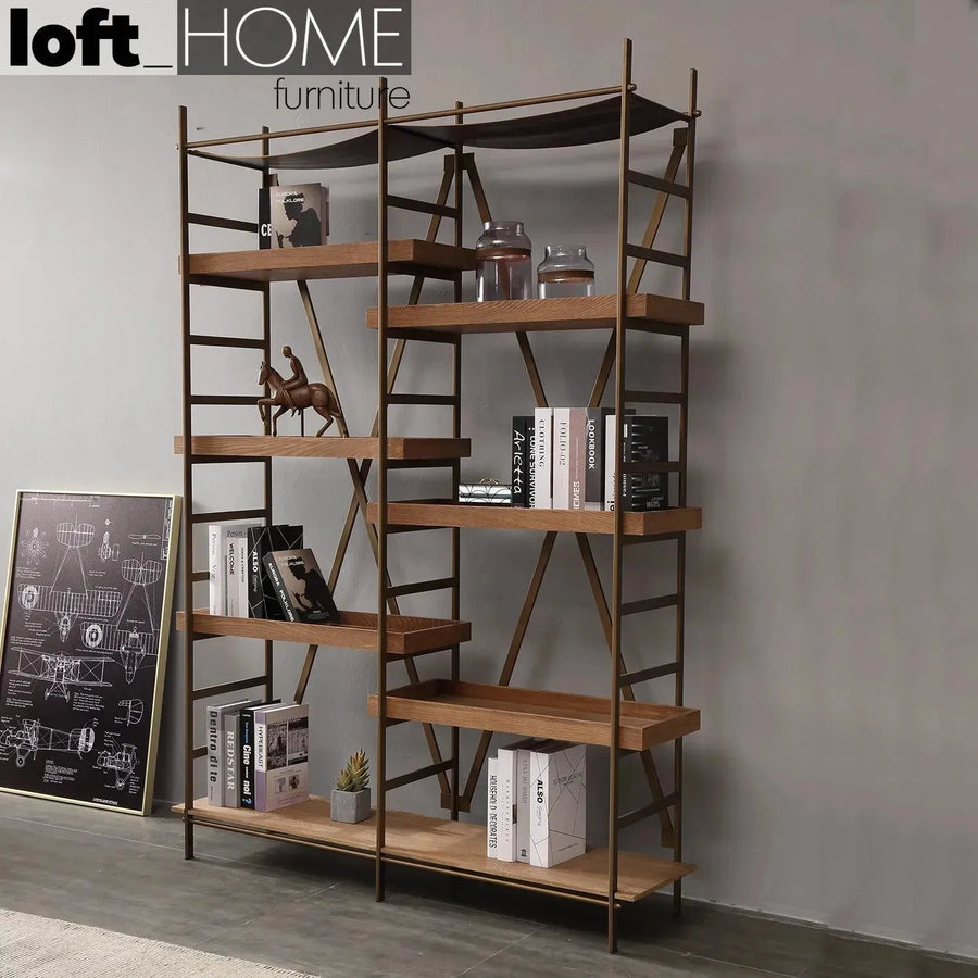 Industrial wooden display shelf lawn primary product view.