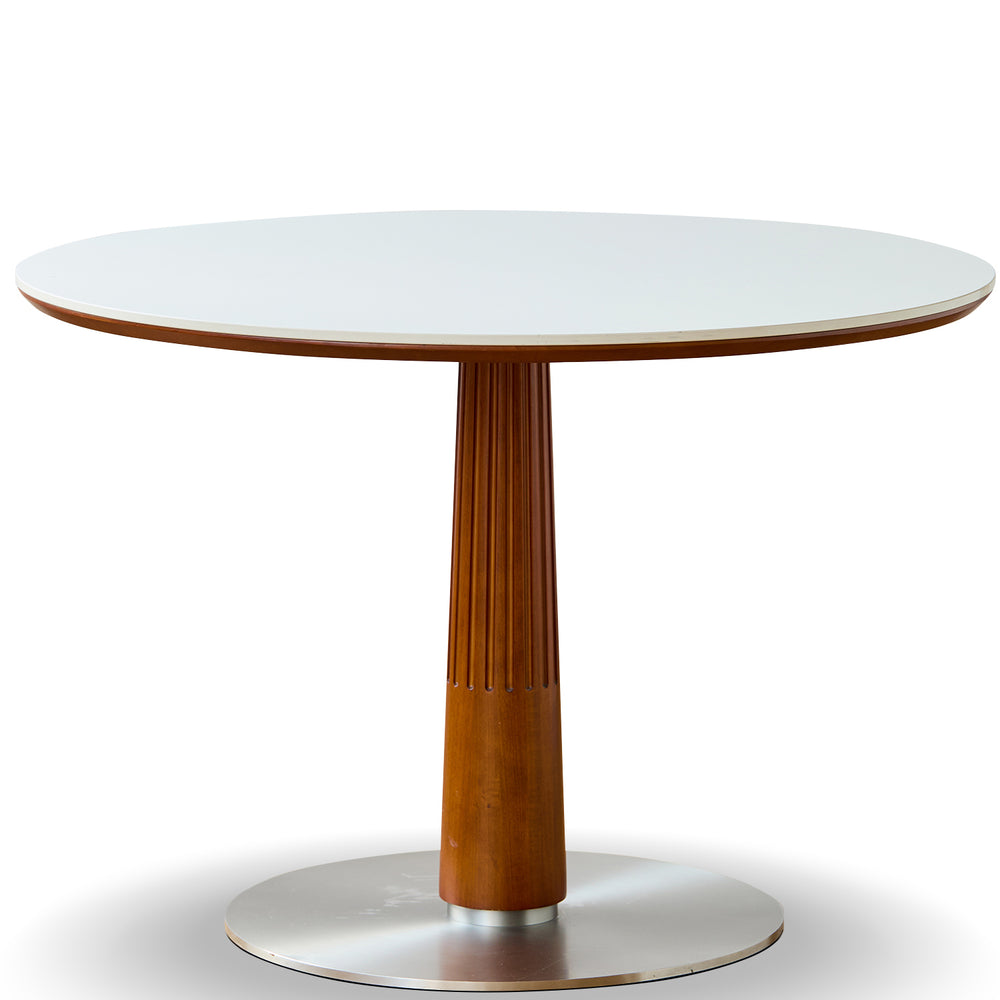 Round table with a wooden pedestal base on a white background